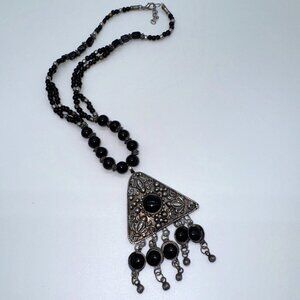 Beaded Necklace Black and Silver Tone Triangle Pendant Gothic *read*